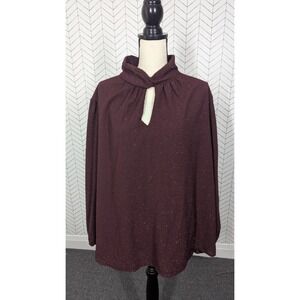 Nine West Blouse 3X Burgundy Balloon Sleeve Witchy Keyhole Top Sparkle Textured